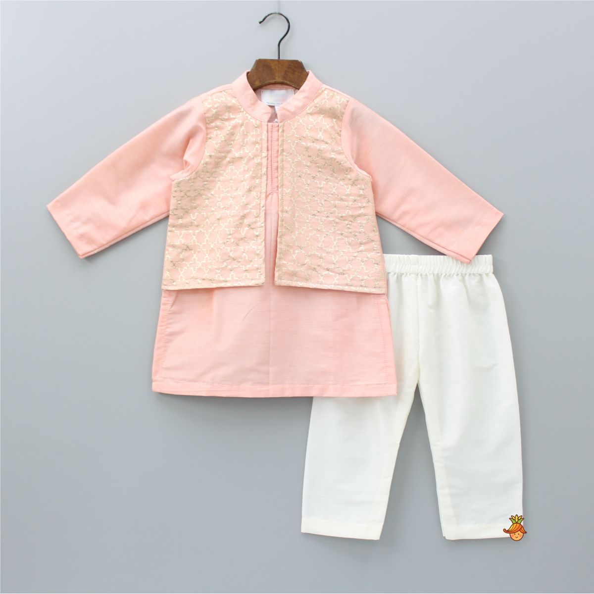 Pre Order: Pastel Peach Kurta With Attached Jacket And Pyjama