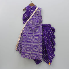 Pre Order: Purple Bandhani Printed Top And Dhoti With Cape Style Jacket
