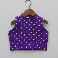 Pre Order: Purple Bandhani Printed Top And Dhoti With Cape Style Jacket