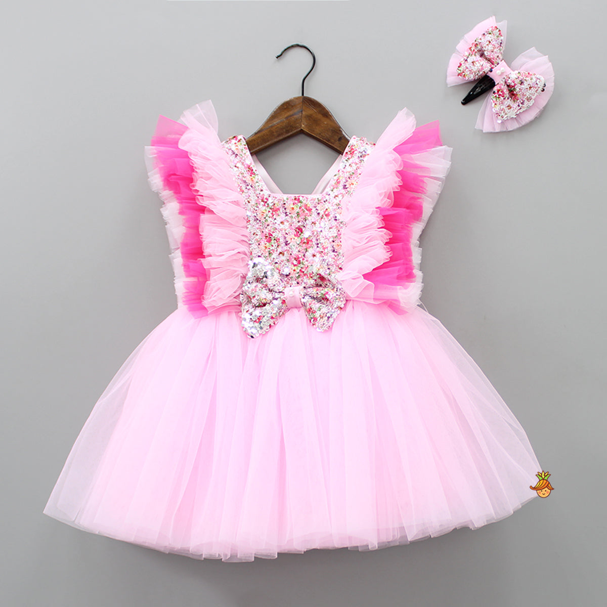 Cute Sequin Work Pink Dress With Hair Clip