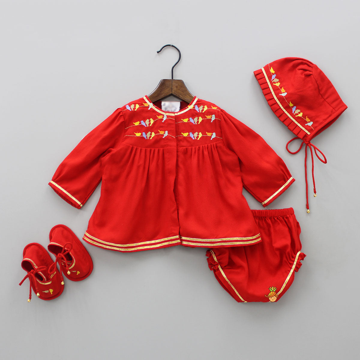 Multi Colour Bird Embroidered Jamna With Matching Cap And Booties