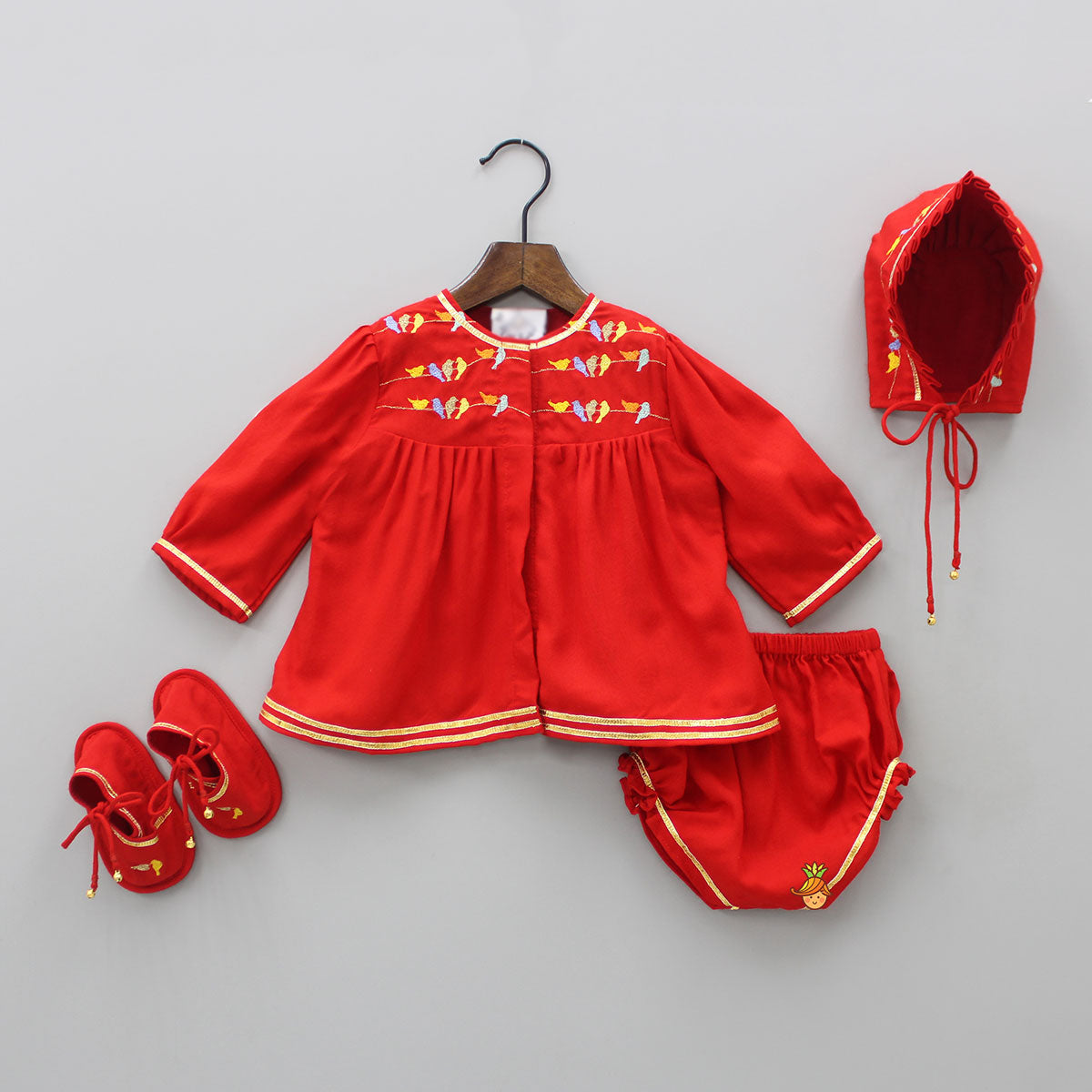 Multi Colour Bird Embroidered Jamna With Matching Cap And Booties