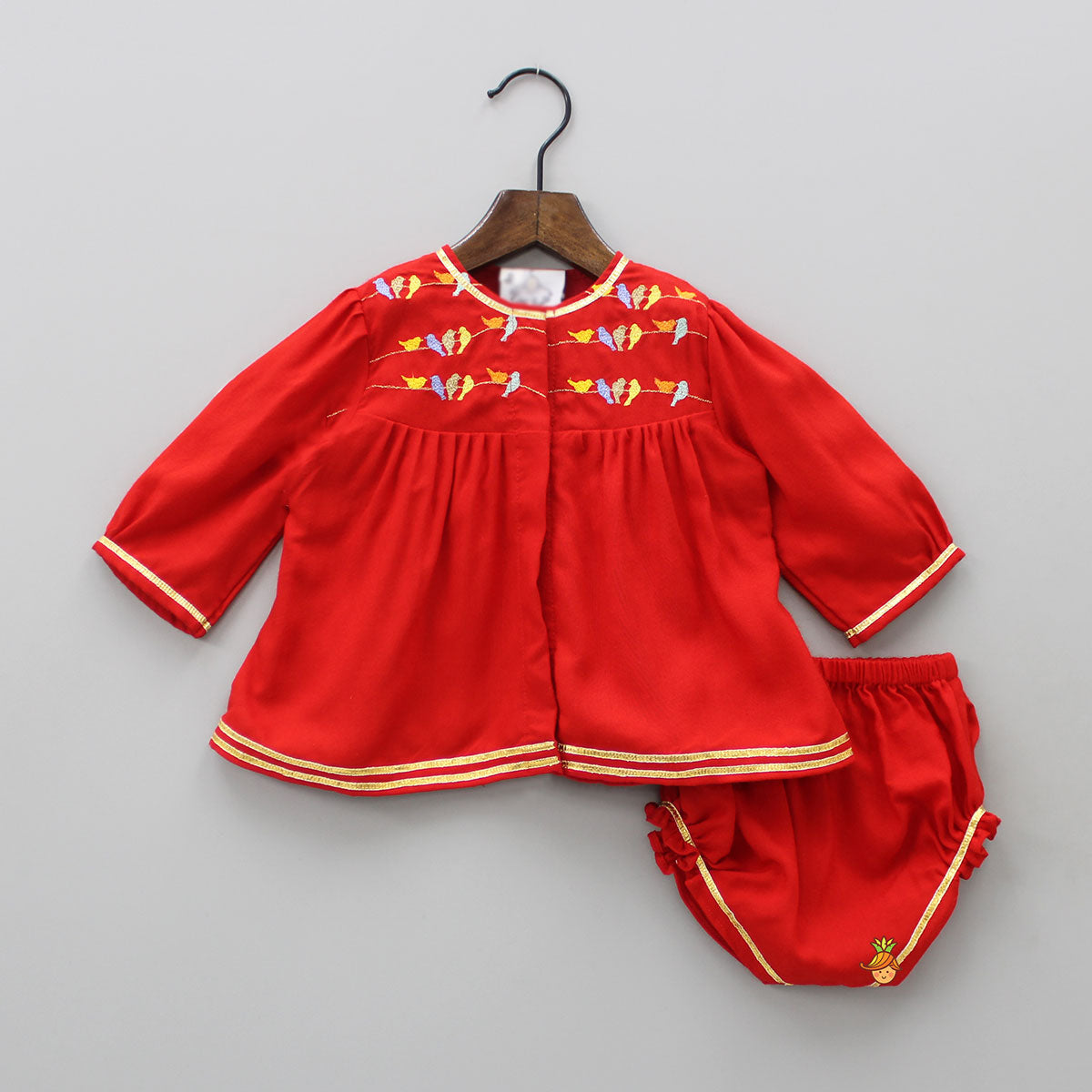 Multi Colour Bird Embroidered Jamna With Matching Cap And Booties