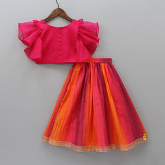 Raspberry Pink Organza Frilly Top With Colourful Shaded Lehenga