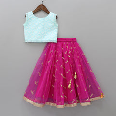 Ethnic Floral Motifs Printed Top And Hot Pink Sequins Lehenga With Dupatta