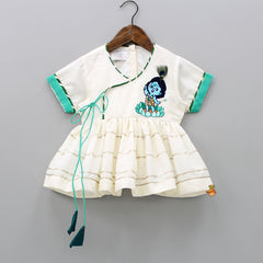 Pre Order: Aqua Green Krishna Embroidered Angarkha Top With Lace Work Dhoti And Mukut