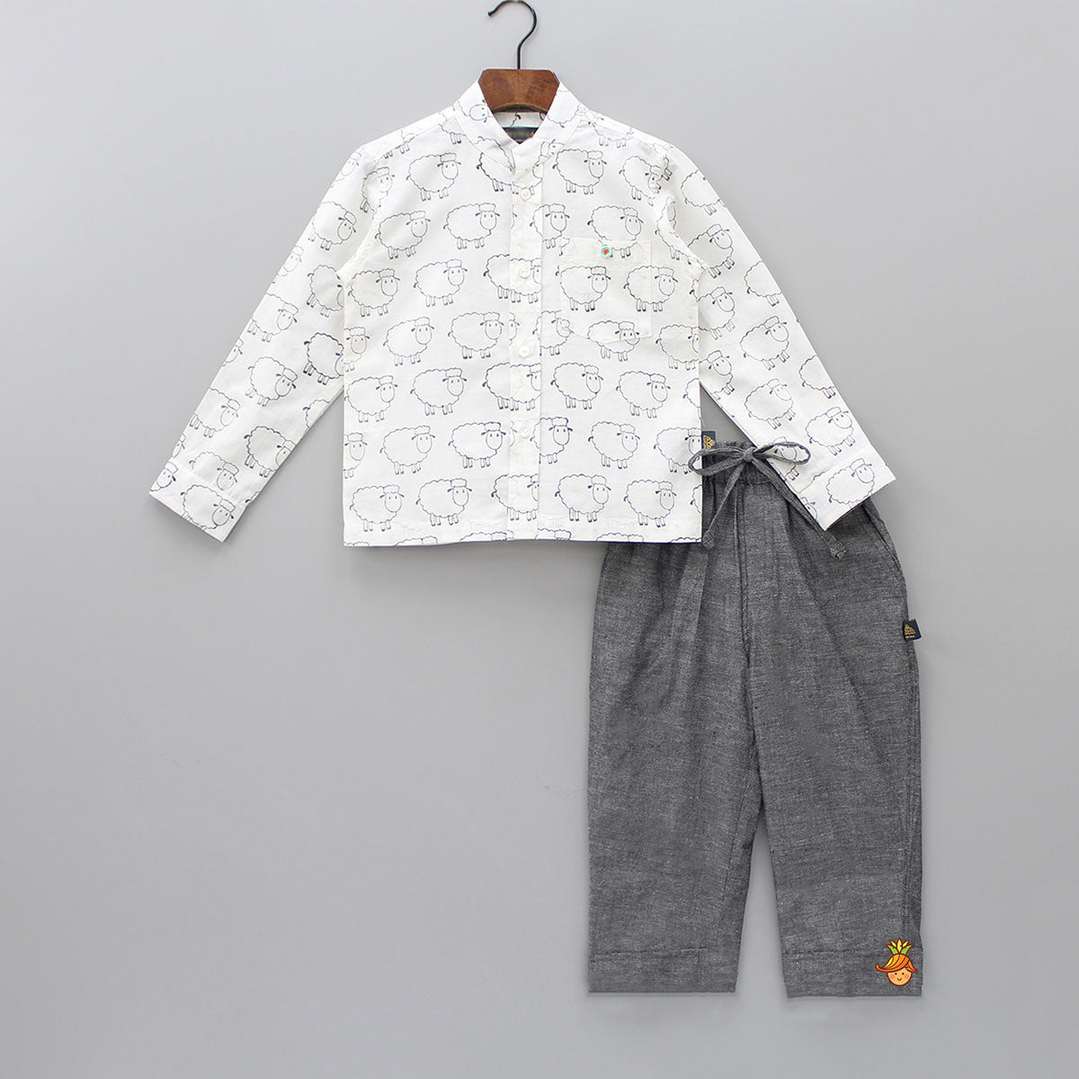 Sheep Hand Block Printed Shirt And Grey Pant