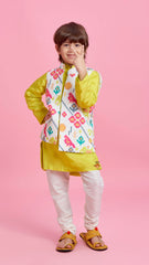 Pre Order: Lime Green Kurta With Patola Printed Open Jacket And Churidar