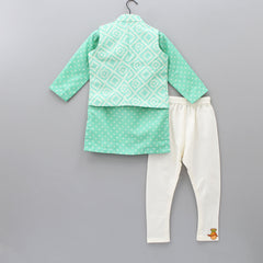 Pre Order: Aqua Green Bandhani Printed Open Jacket And Kurta With Churidar