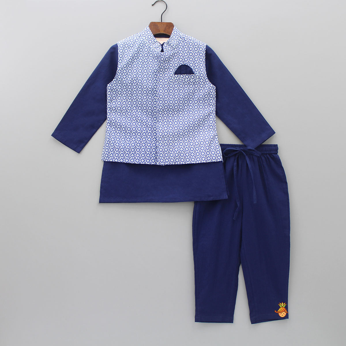 Ethnic Navy Blue Kurta With Floral Printed Jacket And Pyjama