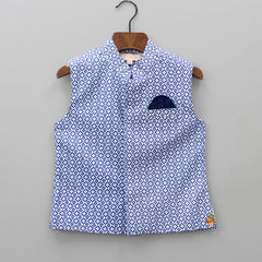 Ethnic Navy Blue Kurta With Floral Printed Jacket And Pyjama