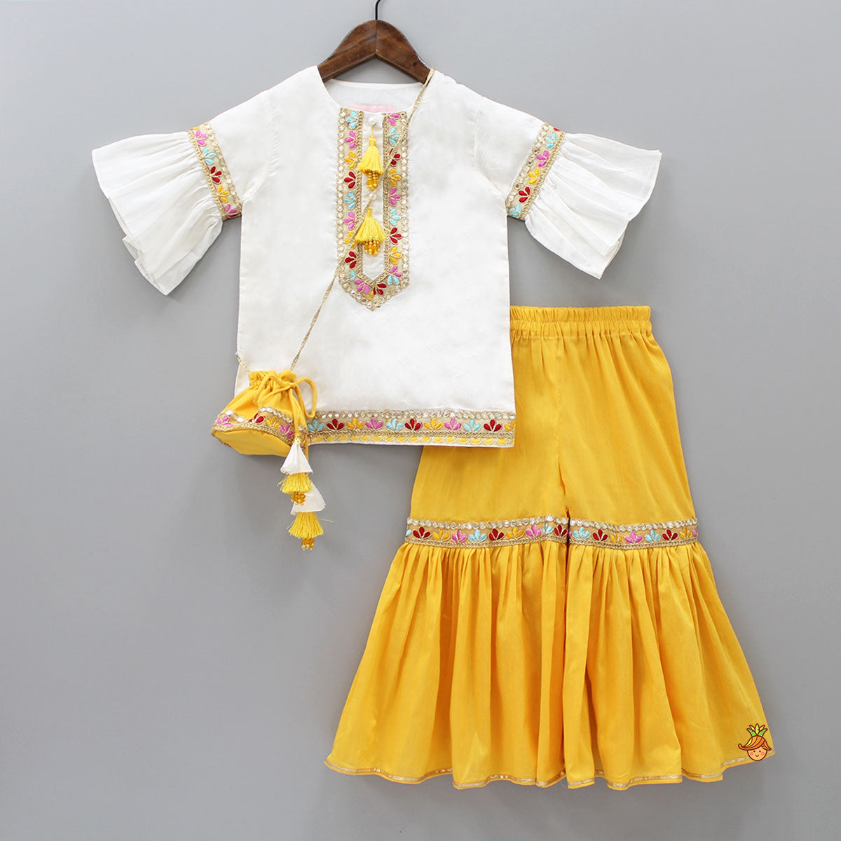 Pre Order: Faux Mirror And Thread Embroidered Off White Kurti With Sharara And Potli Sling Bag