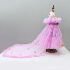 Pre Order: Net Ruffles Pleated Frilly Dress With Detachable Bow Belt And Trail