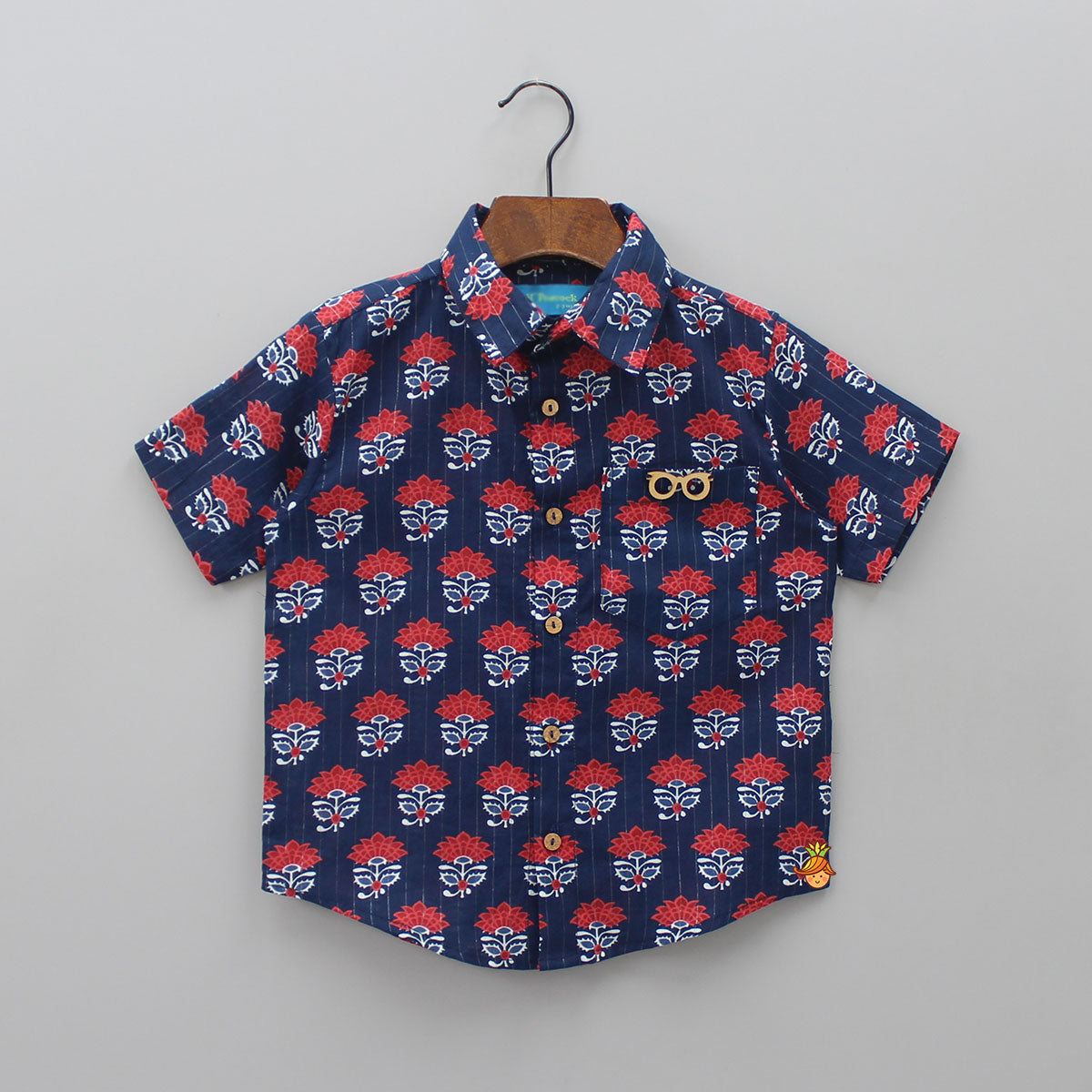 Floral Printed And Lurex Striped Navy Blue Shirt