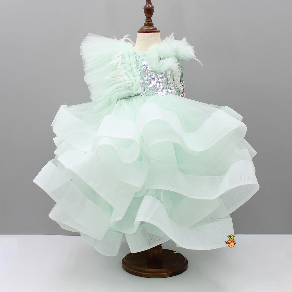 Pre Order: Sequins Embellished Light Pastel Green Ruffled Gown