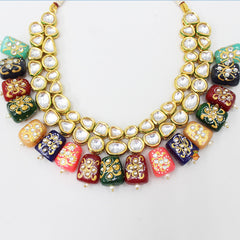 Decorative Multicolour Stones Embellished Necklace With Earrings