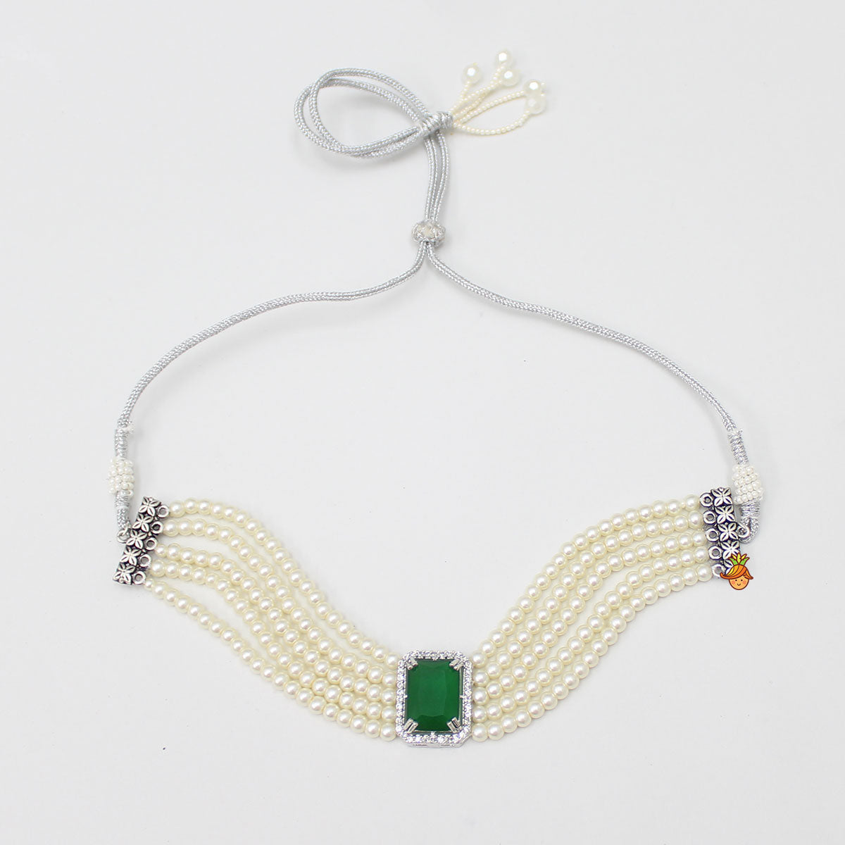 Pearls And Green Stone Studded Choker Necklace And Earrings