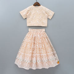 Pre Order: Sequins And Thread Embroidered Peach Top And Lehenga With Dupatta And Potli Bag