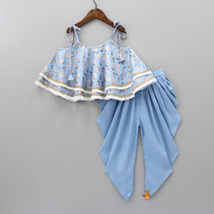 Powder Blue Foil And Floral Printed Lace Work Top And Dhoti With Matching Sling Bag