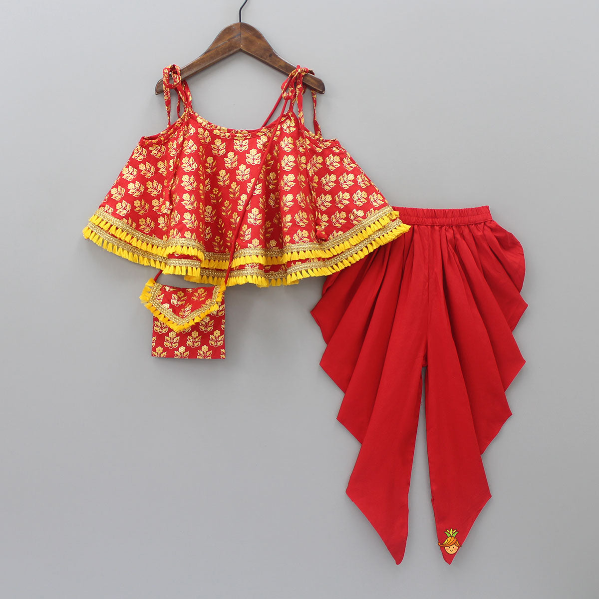 Scarlet Red Foil And Floral Printed Lace Work Top And Dhoti With Matching Sling Bag