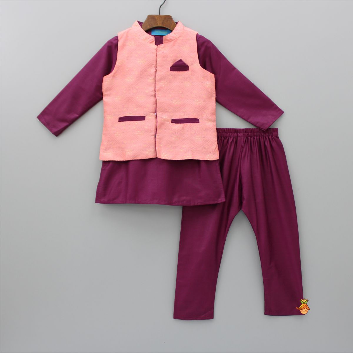 Mandarin Collar Magenta Purple Kurta With Pocket Square Peach Jacket And Pyjama