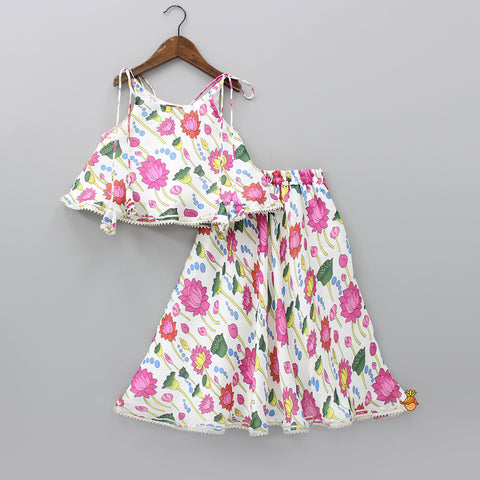 Pre Order: Beautiful Floral Printed White Top And Lehenga
