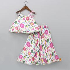 Pre Order: Beautiful Floral Printed White Top And Lehenga