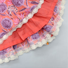 Pre Order: Hand Block Printed Peplum Peach Top And Crochet Trim Lace Detailed Lehenga