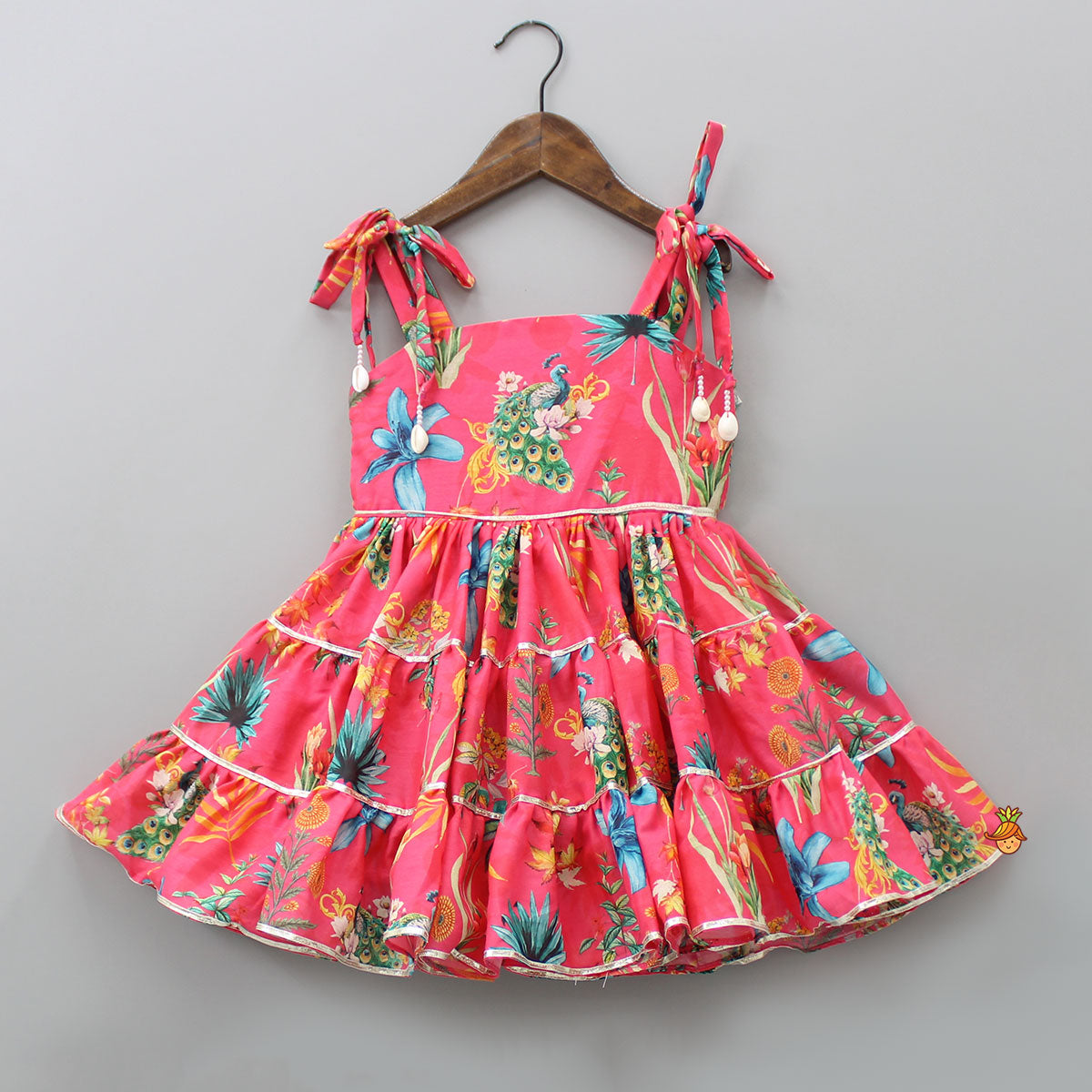 Peacock Printed And Gota Lace Detailed Knee Length Tiered Dress