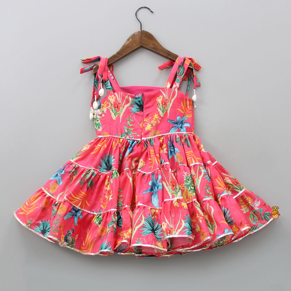 Peacock Printed And Gota Lace Detailed Knee Length Tiered Dress