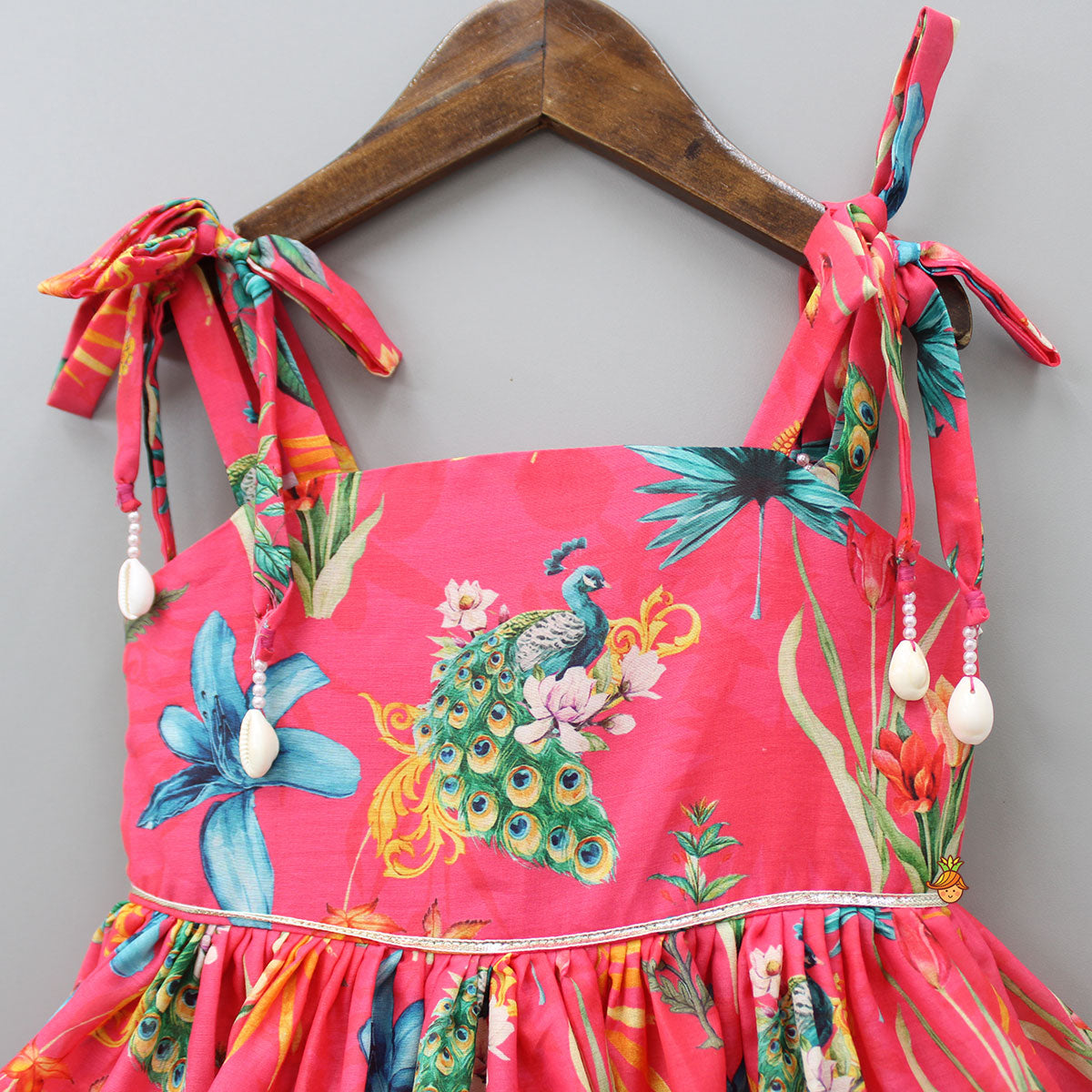 Peacock Printed And Gota Lace Detailed Knee Length Tiered Dress
