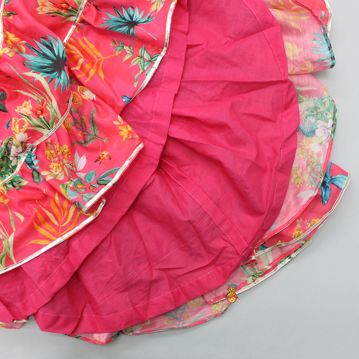 Peacock Printed And Gota Lace Detailed Knee Length Tiered Dress