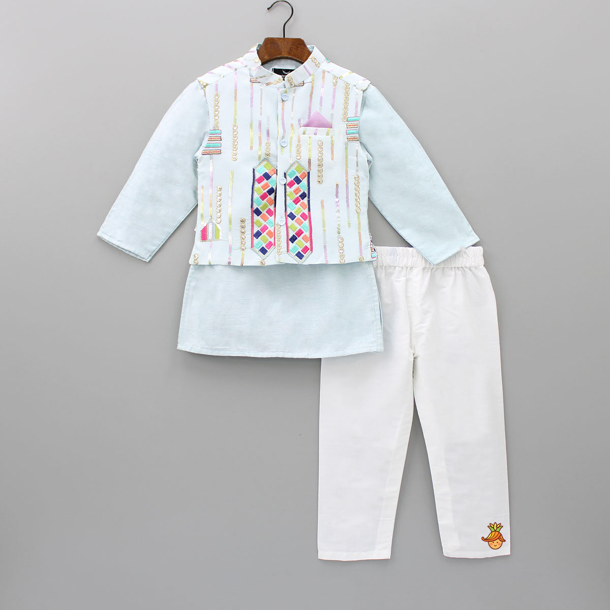Pre Order: Colourful Thread And Intricate Sequins Embroidered Jacket With Kurta And Pyjama