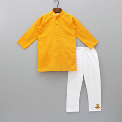 Mustard Yellow Hand Block Printed Ethnic Jacket With Kurta And Pyjama