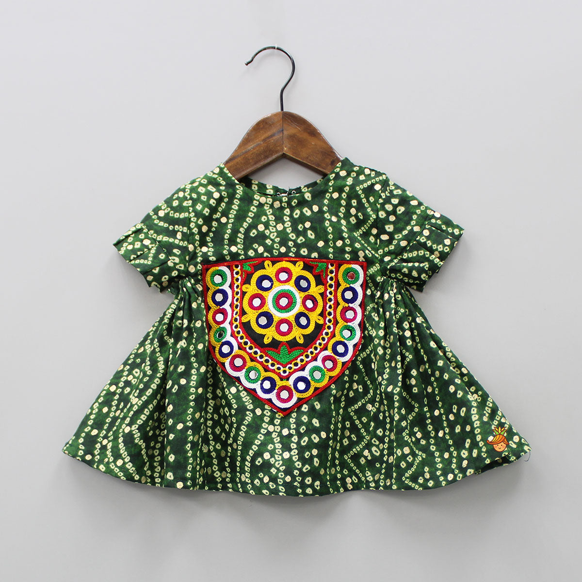 Mirror Work And Bandhani Printed Dark Green Fancy Short Kurti