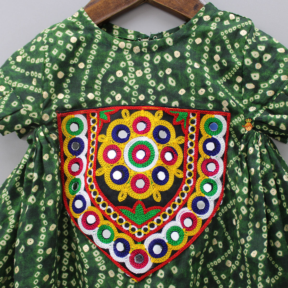 Mirror Work And Bandhani Printed Dark Green Fancy Short Kurti