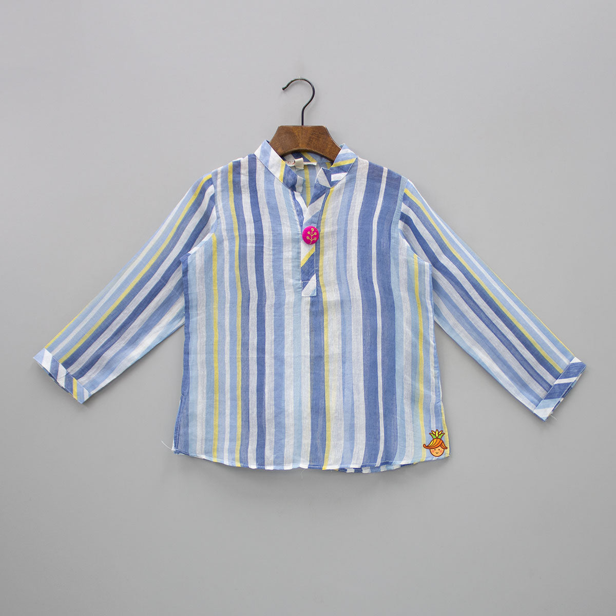 Contrasting Embroidered Button Adorned Shaded Blue Striped Shirt