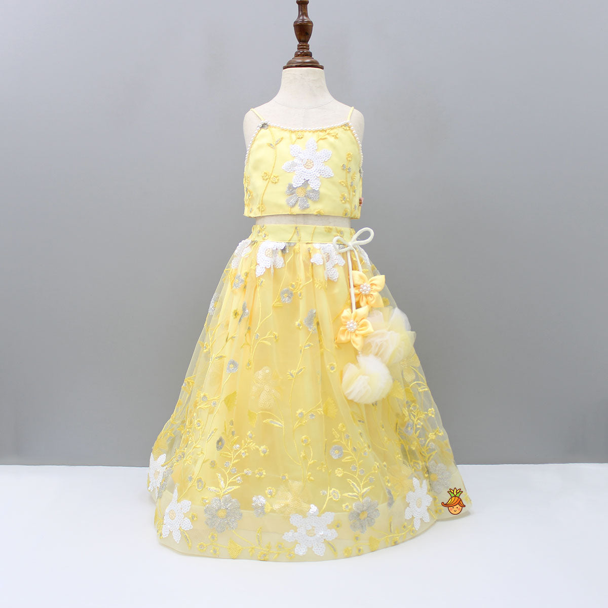 Pre Order: Sequins Floral Embroidered Yellow Spaghetti Straps Top And Lehenga