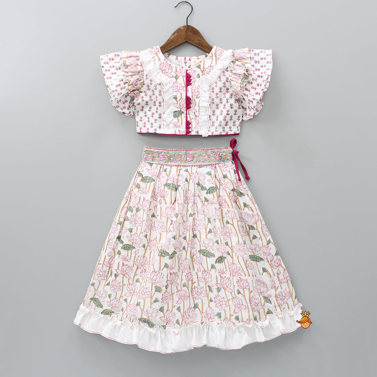 Hand Block Floral Printed Pink Frilly Sleeves Top And Lehenga