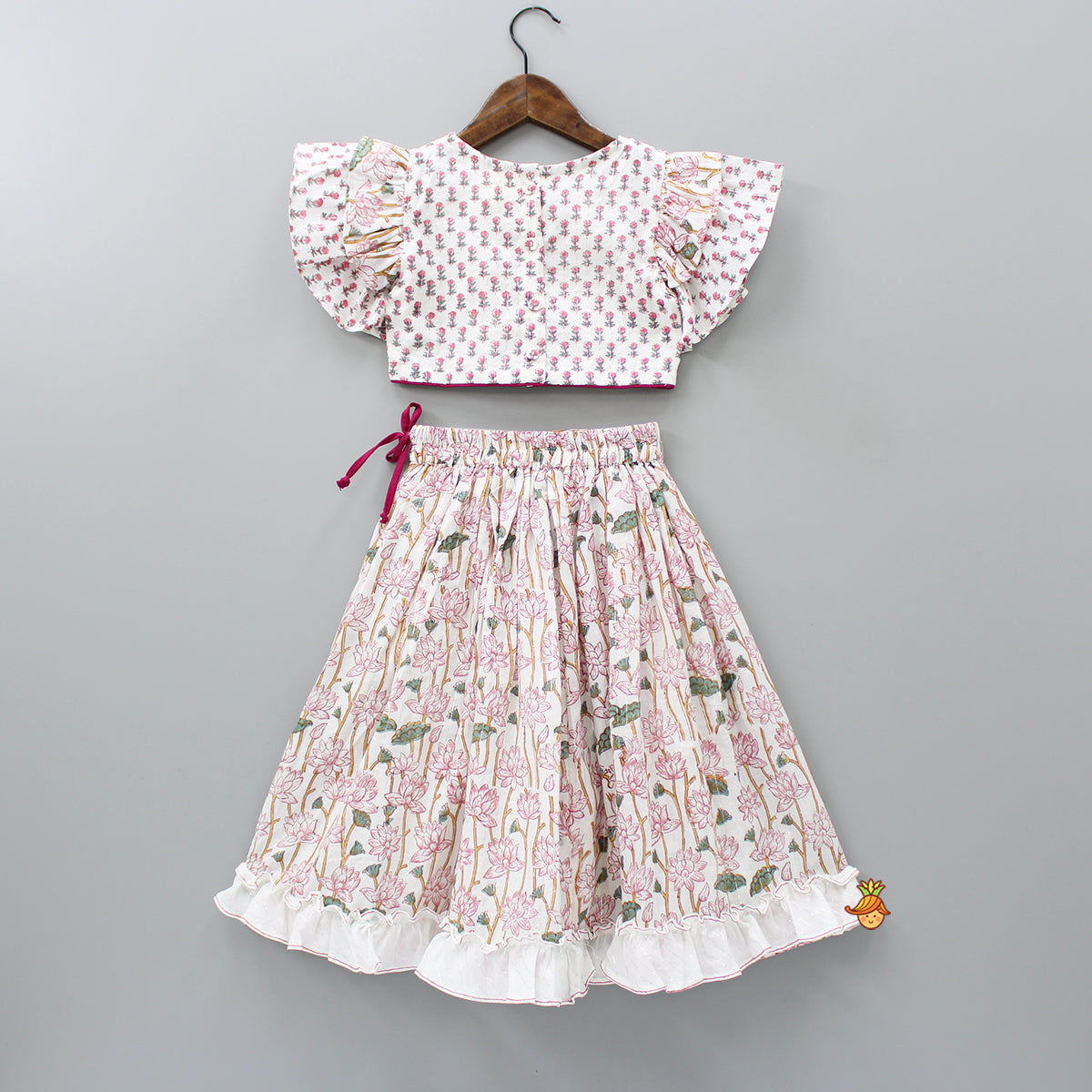 Hand Block Floral Printed Pink Frilly Sleeves Top And Lehenga
