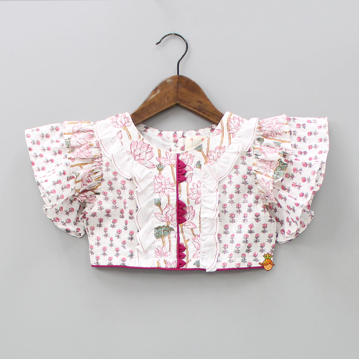Hand Block Floral Printed Pink Frilly Sleeves Top And Lehenga