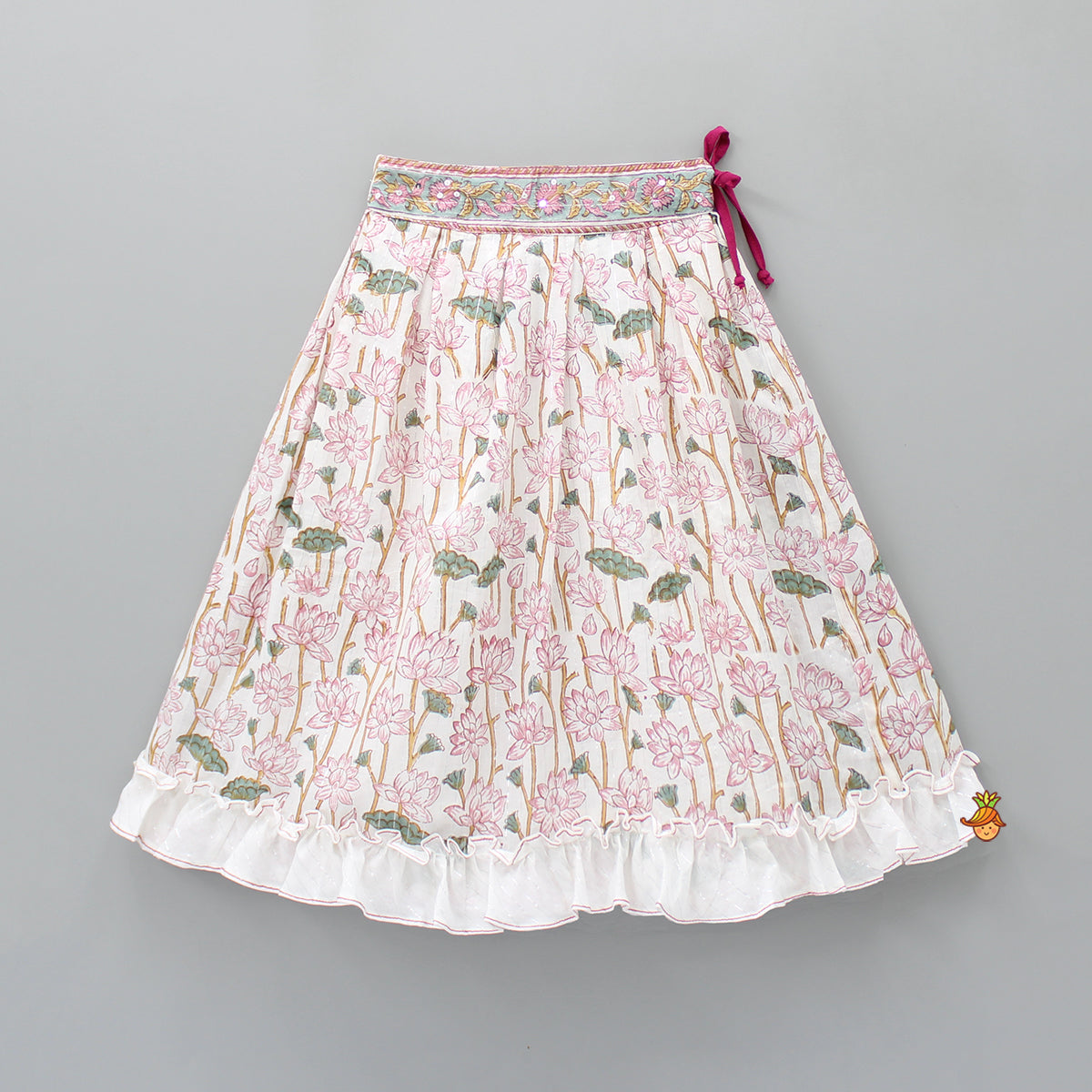 Hand Block Floral Printed Pink Frilly Sleeves Top And Lehenga
