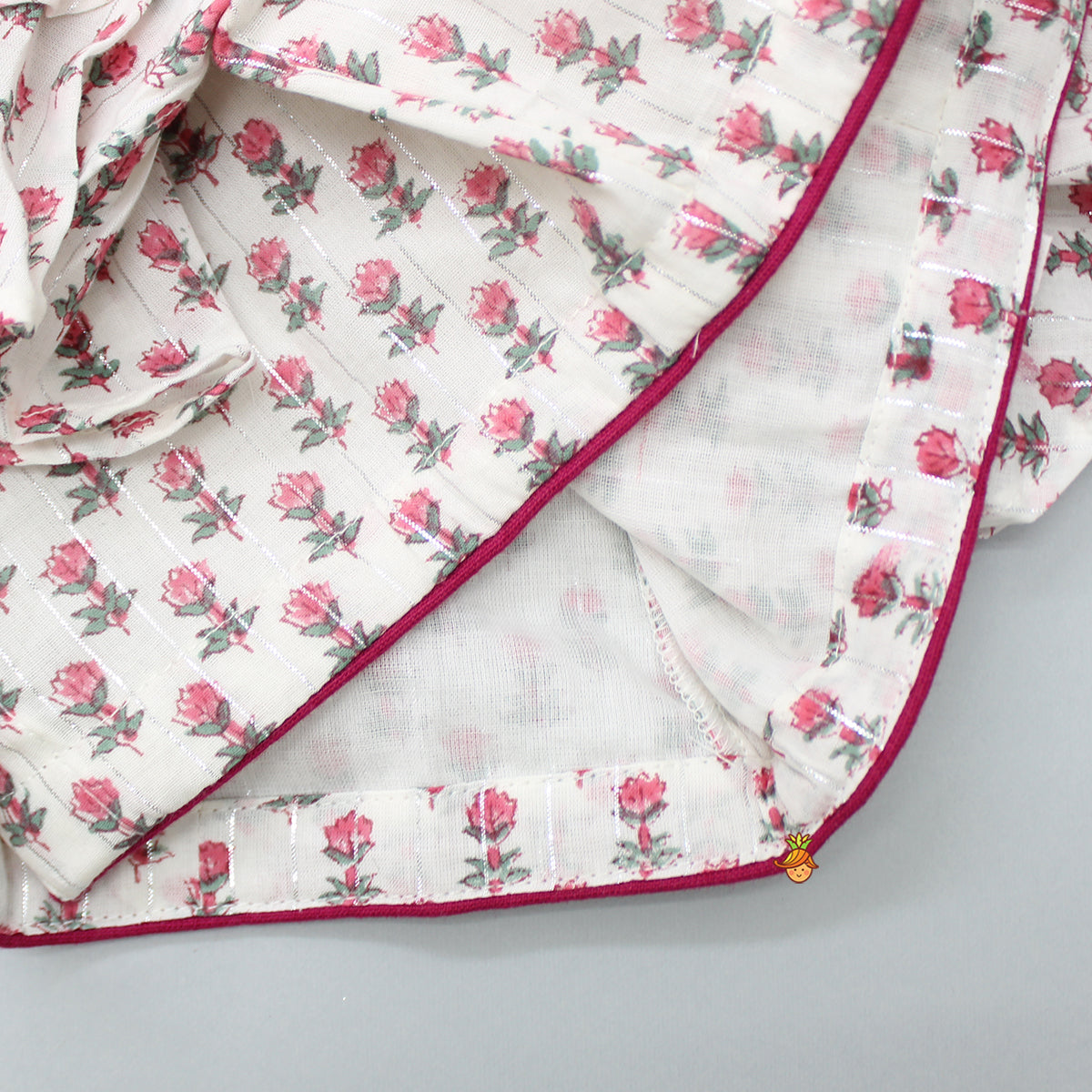 Hand Block Floral Printed Pink Frilly Sleeves Top And Lehenga