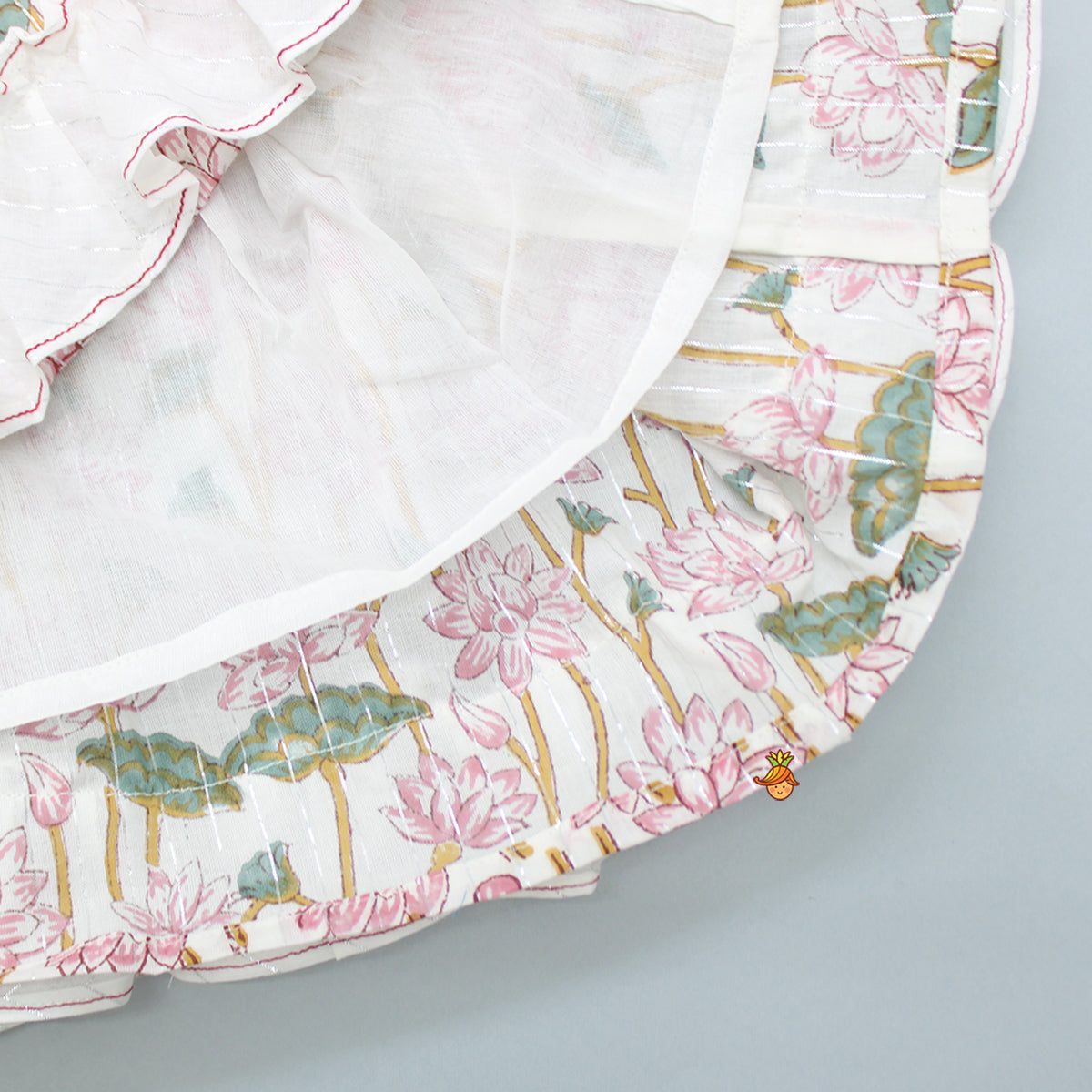 Hand Block Floral Printed Pink Frilly Sleeves Top And Lehenga