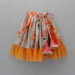 Pre Order: Blooming Flowers Printed One Shoulder Grey Top And Ruffle Bottom Lehenga With Attached Dupatta
