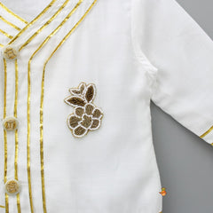 Pre Order: Front Open Gota Lace Work Off White Kurta And Dhoti