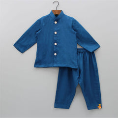 Pre Order: Cotton Silk Cobalt Blue Kurta With Pocket Detail Embroidered Open Jacket And Pyjama