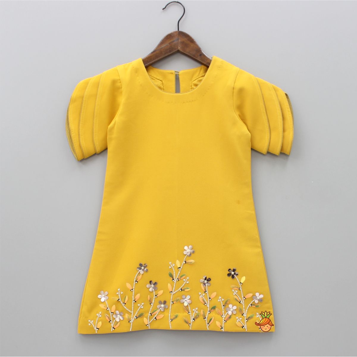 Mustard Floral Embroidered Stylish Layered Sleeves Dress With Sling Bag