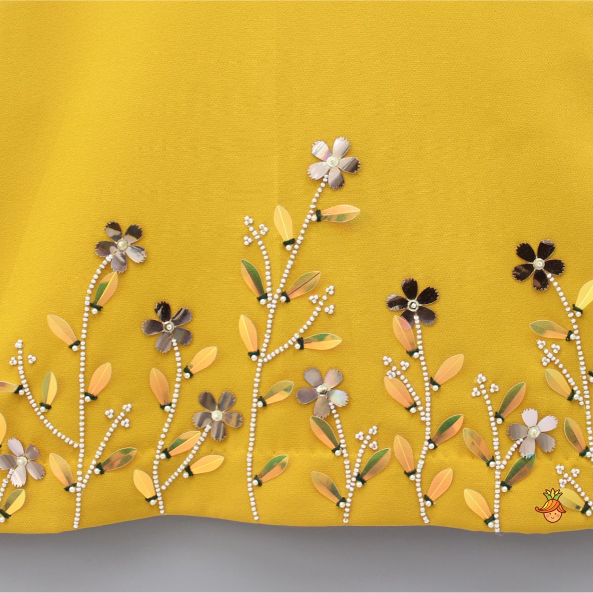 Mustard Floral Embroidered Stylish Layered Sleeves Dress With Sling Bag