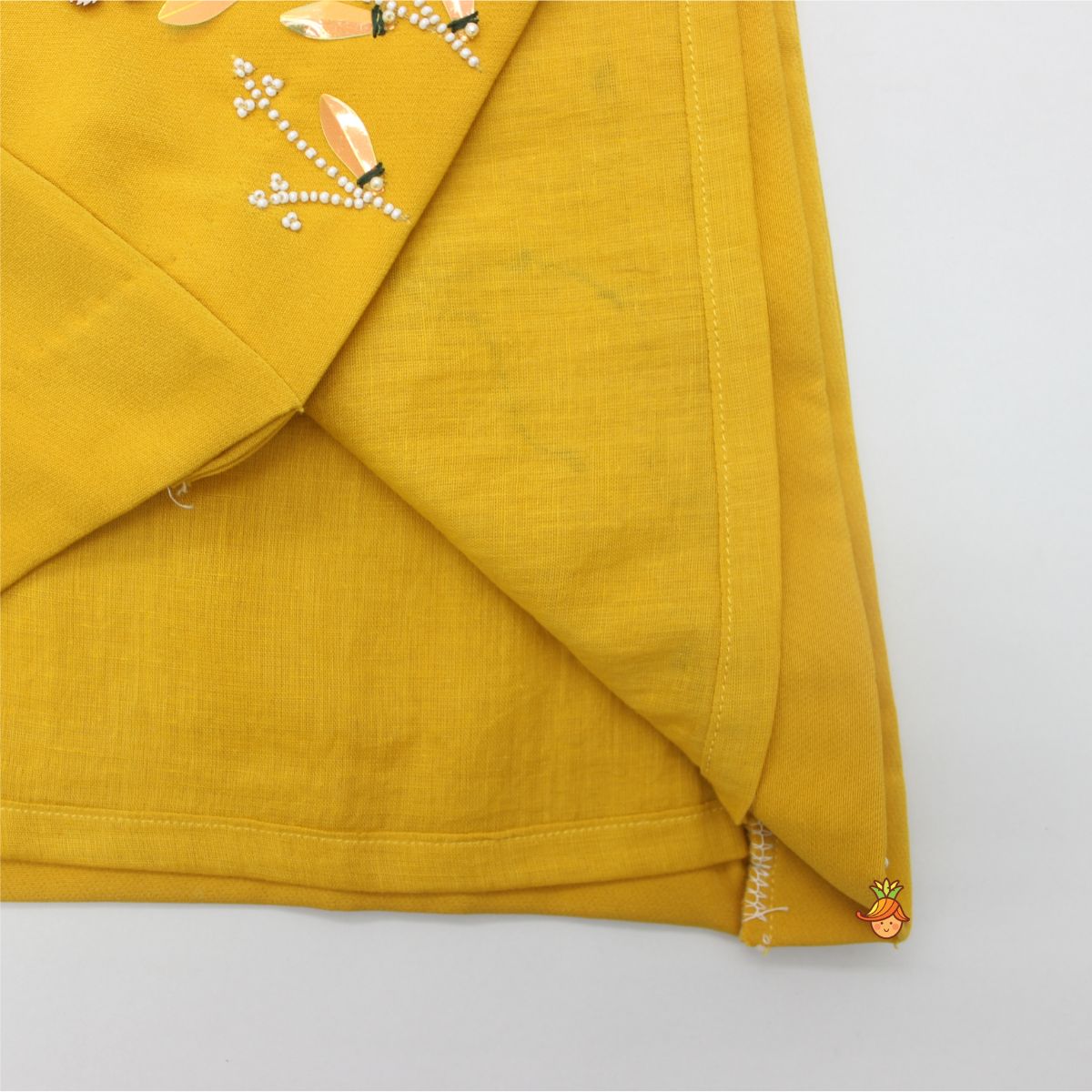 Mustard Floral Embroidered Stylish Layered Sleeves Dress With Sling Bag